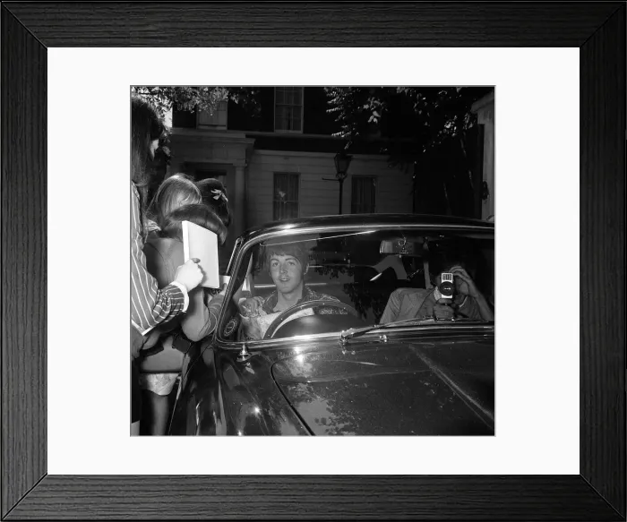 Framed Print : Paul McCartney sitting in his car outside his home surrounded by fans on his 25th Framed Print : Paul McCartney sitting in his car outside his home surrounded by fans on his 25th