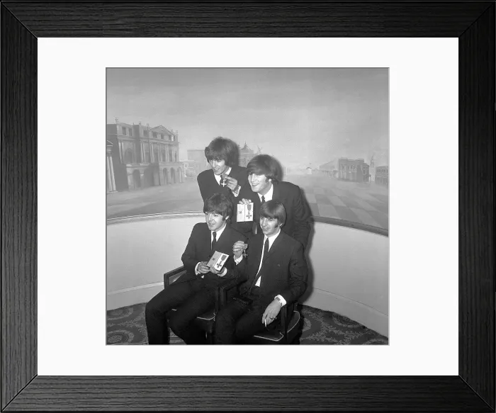 Framed Print : The Beatles pose with their MBEs at a press conference held at the Saville Theatre