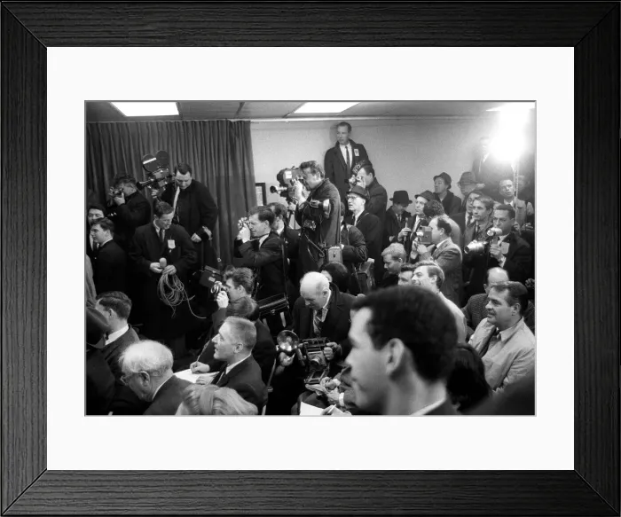 Framed Print : Photographers and press men gathered for the Beatles press conference in New York after Framed Print : Photographers and press men gathered for the Beatles press conference in New York after