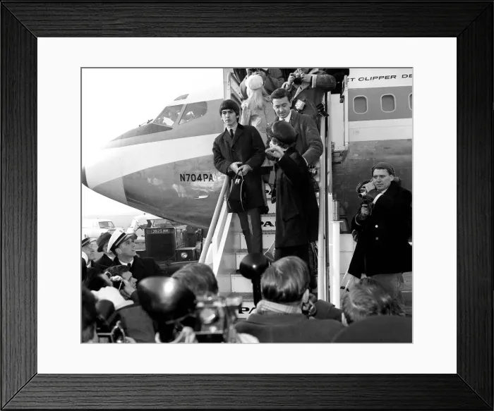 Framed Print : John Lennon and George Harrison boarding their plane before The Beatles leave for New Framed Print : John Lennon and George Harrison boarding their plane before The Beatles leave for New