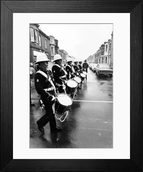 Framed Print : The band of the Royal Marines leading the parade through a deluge to Blyth Market Square Framed Print : The band of the Royal Marines leading the parade through a deluge to Blyth Market Square