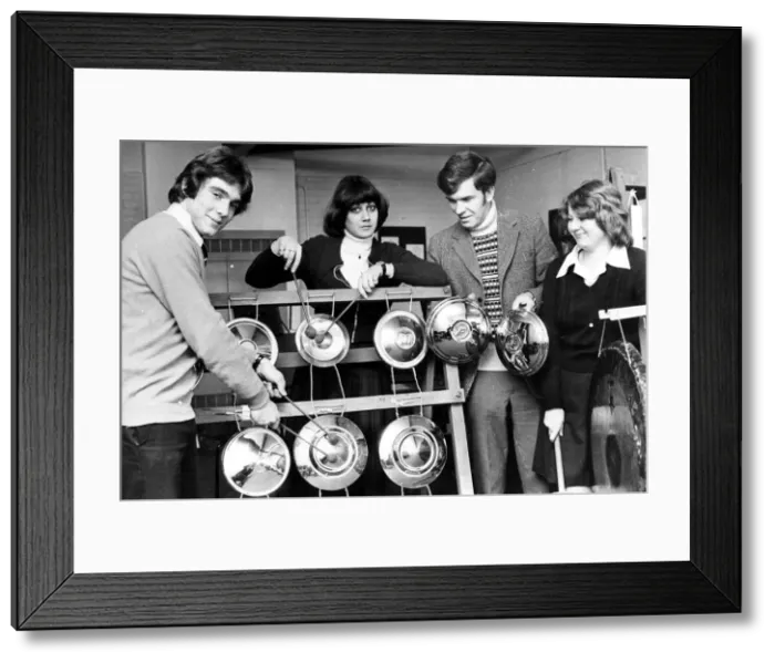 Framed Print : Peter Swan, second right, with member of Gosforth High Schools scrap iron orchestra Framed Print : Peter Swan, second right, with member of Gosforth High Schools scrap iron orchestra