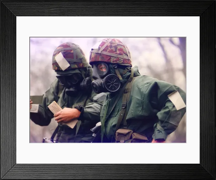 Framed Print : Soldiers from the T. A. wearing nuclear and biological suits and masks for an exercise Framed Print : Soldiers from the T. A. wearing nuclear and biological suits and masks for an exercise