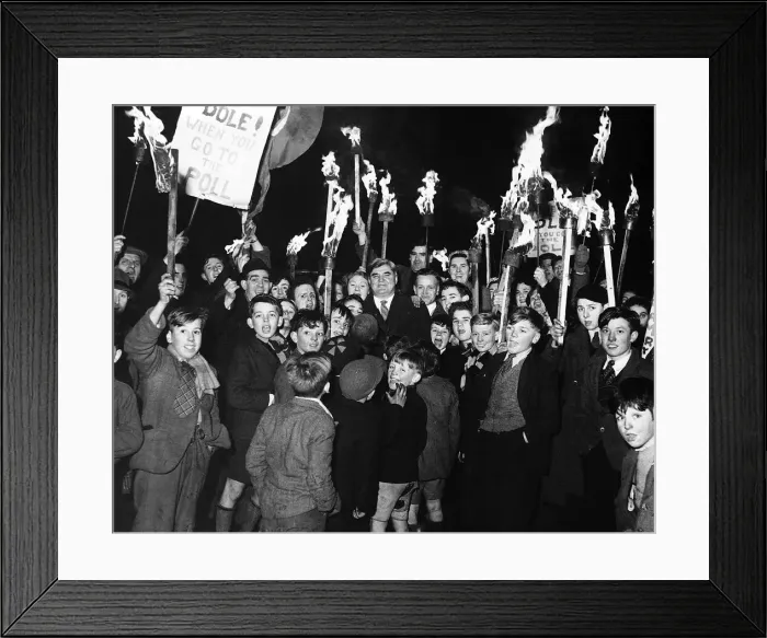 Framed Print : Nye Bevan MP in Commercial St, Tredegar, February 1950 Framed Print : Nye Bevan MP in Commercial St, Tredegar, February 1950