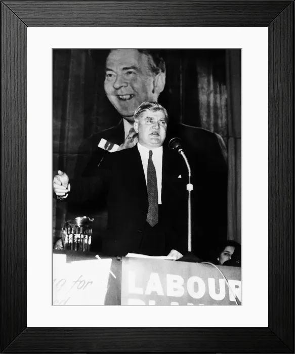 Framed Print : Aneurin Bevan Labour MP on stage during speech in 1957. Hugh Gaitskill Framed Print : Aneurin Bevan Labour MP on stage during speech in 1957. Hugh Gaitskill