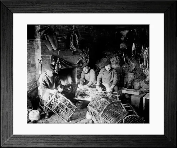 Framed Print : Lobstermen repair their pots in their shanty at the West End of Bridlington harbour Framed Print : Lobstermen repair their pots in their shanty at the West End of Bridlington harbour