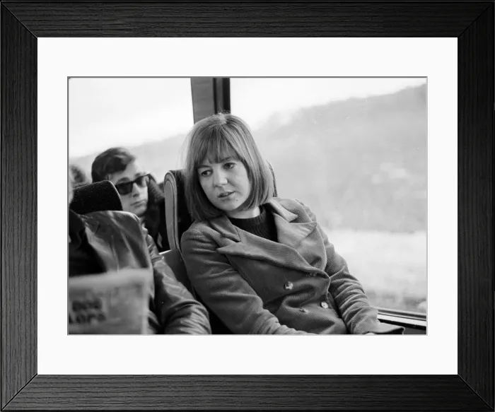 Framed Print : Pop group The Fourmost on tour Pop singer Cilla Black on the coach with the band Framed Print : Pop group The Fourmost on tour Pop singer Cilla Black on the coach with the band