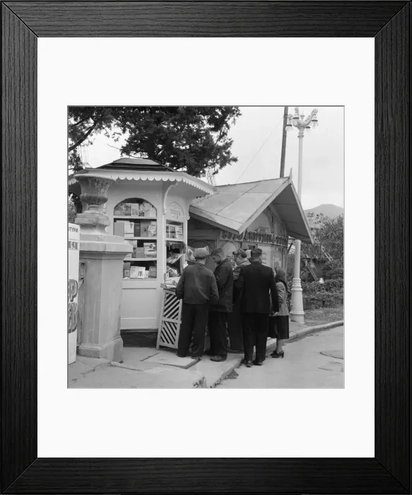 Framed Print : People mill outside a Yalta bookshop and newsagent in the Crimea, USSR. May 1960