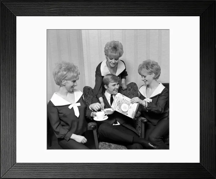 Framed Print : Pop group The Bell sisters from Liverpool serve cereal to Alan David Framed Print : Pop group The Bell sisters from Liverpool serve cereal to Alan David