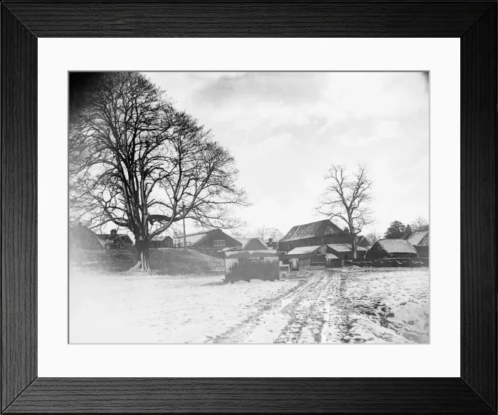 Framed Print : Farm pictured in the snow at Shenley, Hertfordshire, January 1935 Framed Print : Farm pictured in the snow at Shenley, Hertfordshire, January 1935