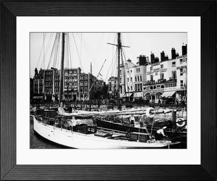 Framed Print : Yachts tied up in the inner basin of Ramsgate Harbour. In the background can been seen Framed Print : Yachts tied up in the inner basin of Ramsgate Harbour. In the background can been seen