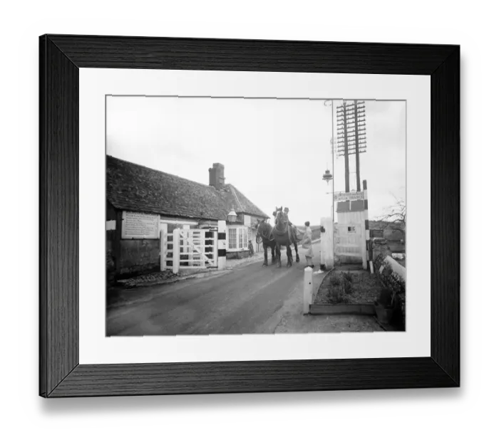 Framed Print : The toll is taken from a farmer and his team of two shire plough horses at the Swinford Framed Print : The toll is taken from a farmer and his team of two shire plough horses at the Swinford