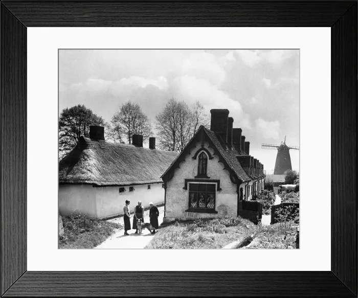 Framed Print : Pretty almshouses and 19th century windmill at Thaxted, North Essex. Circa 1935
