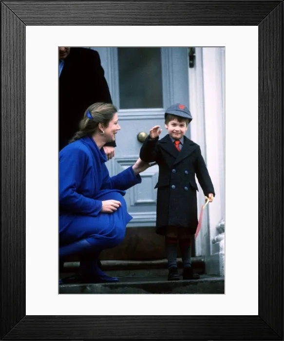 Framed Print : Prince William being met on his first day of school by headmistress Miss Framed Print : Prince William being met on his first day of school by headmistress Miss
