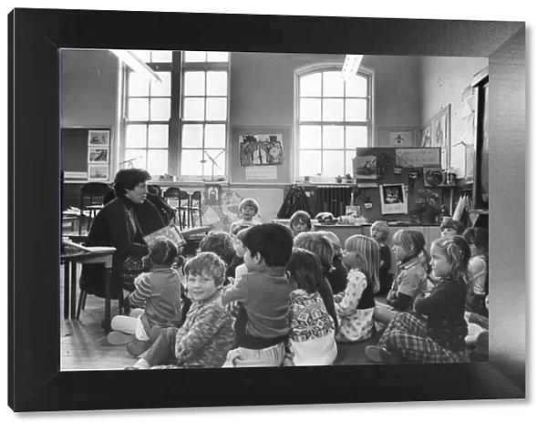 Nursery children listen to their teacher at North View School, Heaton, Newcastle, in 1983