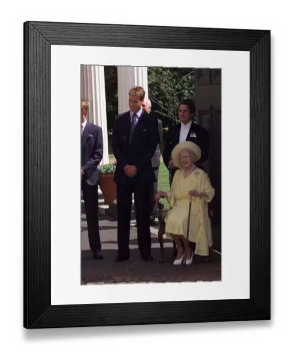 Framed Print : Queen Mother 99th Birthday August 1999 Prince William bends down to talk