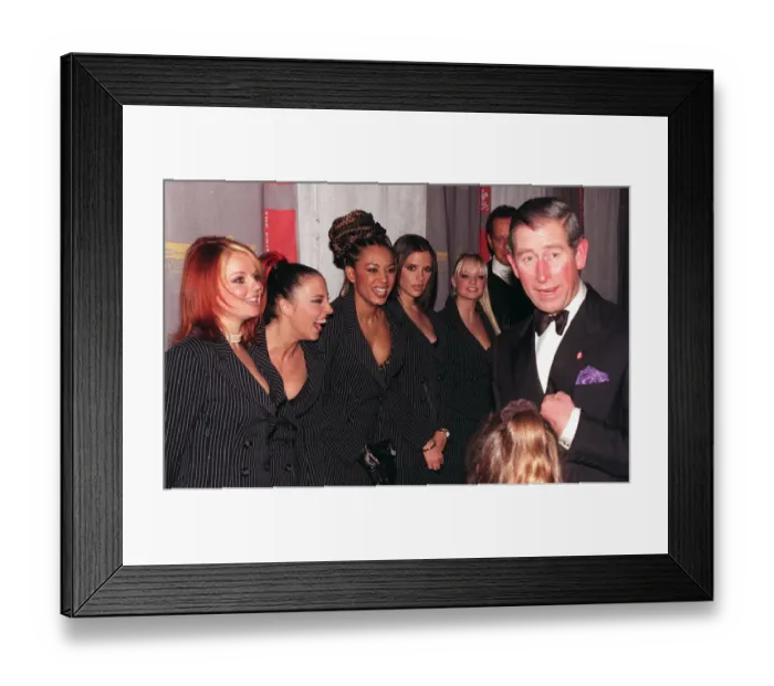 Framed Print : Spice Girls Geri Halliwell Mel C Mel B Victoria Adams and Emma Bunton laugh with Prince