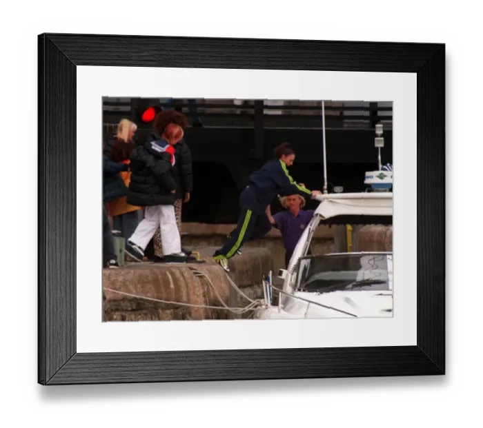 Framed Print : Pop Group Spice Girls Members Mel B Mel C Geri and Emma filming in London Docklands for Framed Print : Pop Group Spice Girls Members Mel B Mel C Geri and Emma filming in London Docklands for