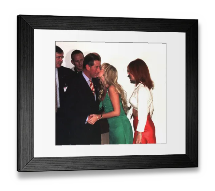 Framed Print : Prince Charles gets a kiss of Emma of the Spice Girls when he takes his son Prince Harry Framed Print : Prince Charles gets a kiss of Emma of the Spice Girls when he takes his son Prince Harry