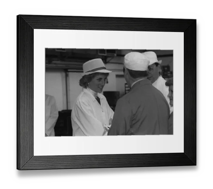 Framed Print : Princess of Wales visits a Pork Pie Factory 28th April 1988 Probably not Framed Print : Princess of Wales visits a Pork Pie Factory 28th April 1988 Probably not