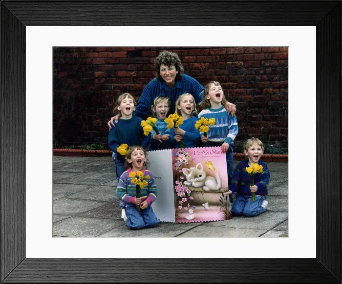 Framed Print : Janet Walton with her sextuplets at their home in Wallasey Wirral DBase