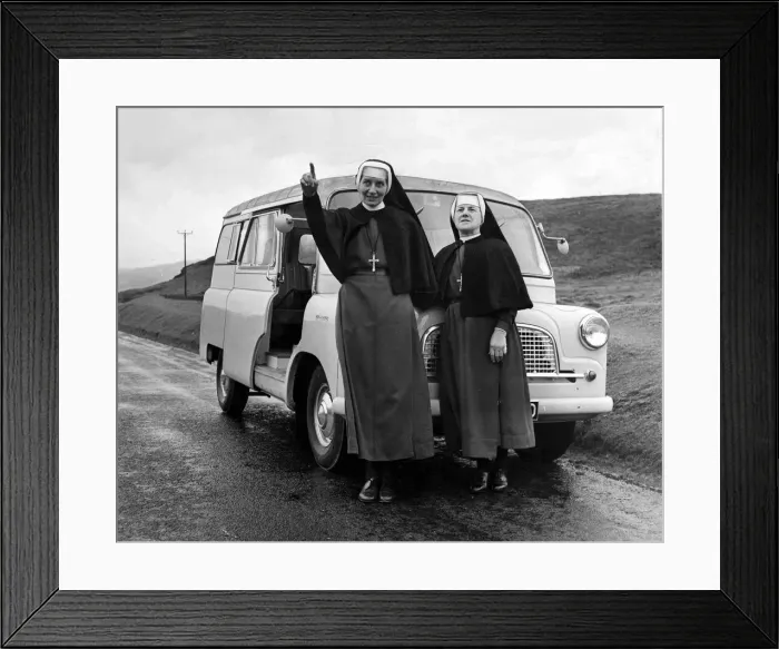 Framed Print : Nuns - Sister Louise and Sister Philomena stop to stretch their legs on a Mid-Wales road Framed Print : Nuns - Sister Louise and Sister Philomena stop to stretch their legs on a Mid-Wales road