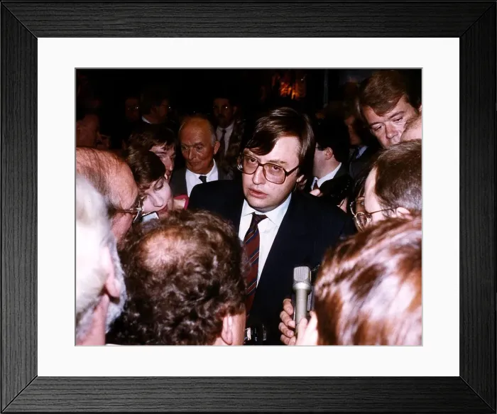 Framed Print : David Mellor Conservative Member of Parliament surrounded by journalists at the Press