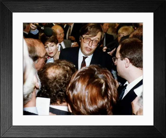 Framed Print : David Mellor Conservative MP surrounded by journalists at the press conference AGM