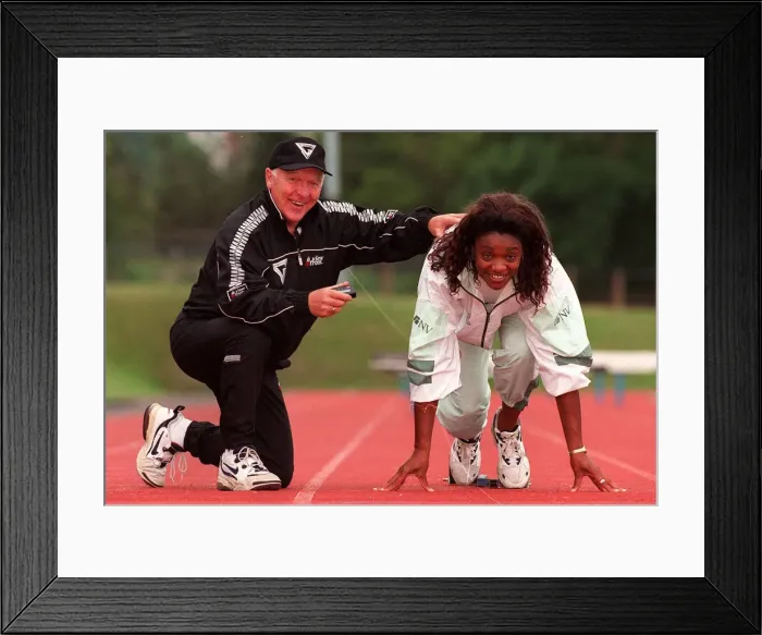 Framed Print : TV show Gladiators, June 1997 John Anderson and Pauline Richards (Gladiator Rocket)