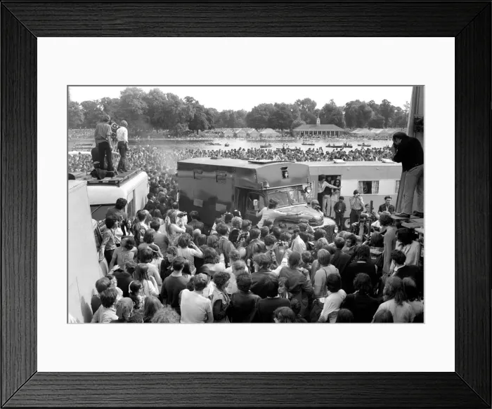 Framed Print : Large crowds in Hyde Park watch the Rolling Stones arrive in a converted ambulance for Framed Print : Large crowds in Hyde Park watch the Rolling Stones arrive in a converted ambulance for