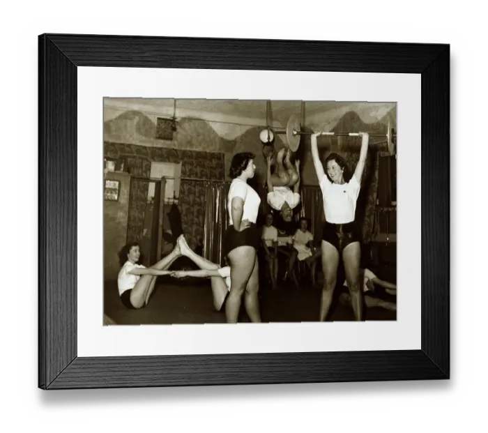 Framed Print : Women Exercising - July 1950 Stretching weight lifting