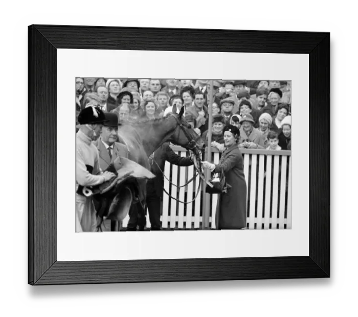 Framed Print : Racehorse owner The Duchess of Westminster leads smiling jockey Pat Taaffe on racehorse