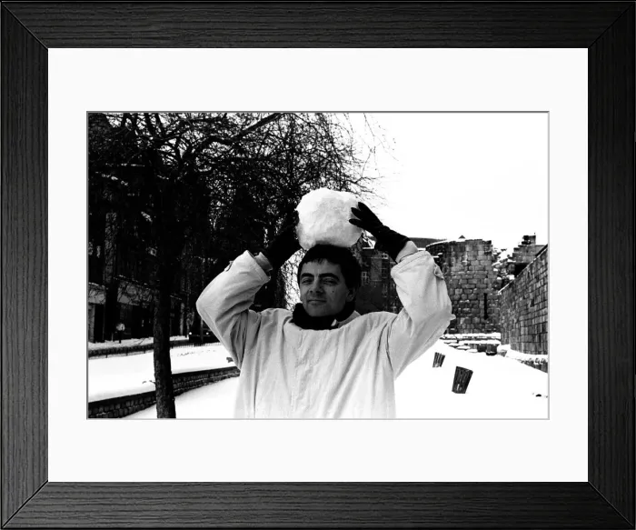 Framed Print : Rowan Atkinson during a flying a visit to Newcastle - having fun in the snow 14  /  01  /  87