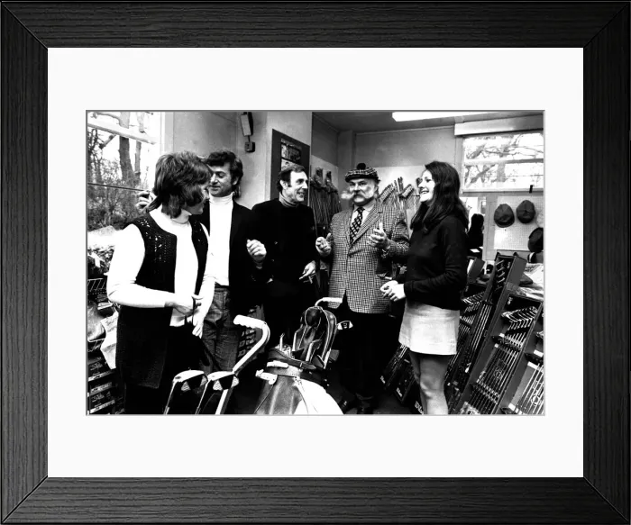 Framed Print : Actors Eric Sykes and Jimmy Edwards with golfer John Jacobs at his golfing centre in Framed Print : Actors Eric Sykes and Jimmy Edwards with golfer John Jacobs at his golfing centre in