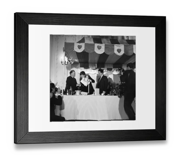 Framed Print : Paul McCartney strugges to shake hands with Sir Billy Butlin when receiving three Ivor Framed Print : Paul McCartney strugges to shake hands with Sir Billy Butlin when receiving three Ivor