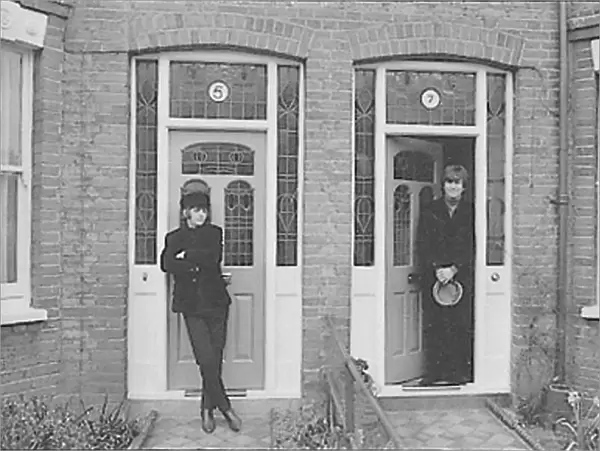 Ringo Starr and John Lennon outside their fictional address in Ailsa Avenue, Twickenham