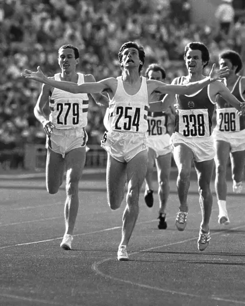 Moscow Olympic Games British athlete Sebastian Coe celebrates as he crosses
