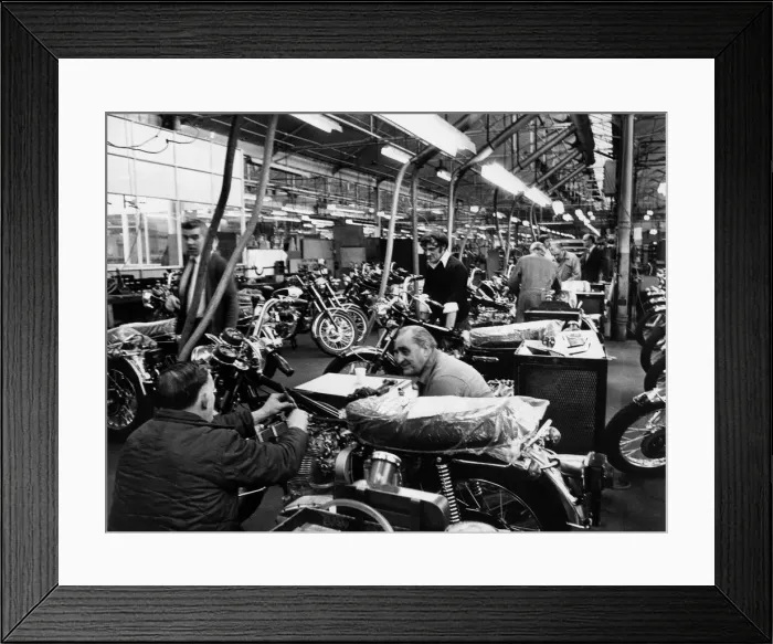 Framed Print : Triumph motor cycles once more rolling off the assembly lines at Meriden Framed Print : Triumph motor cycles once more rolling off the assembly lines at Meriden