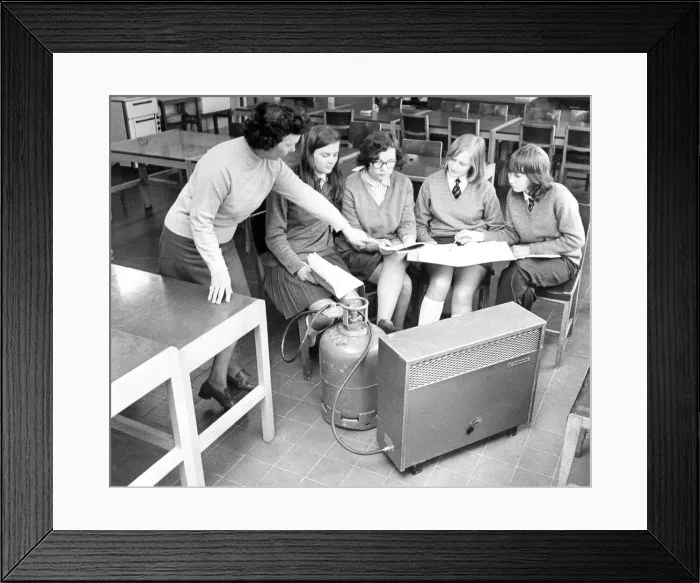 Framed Print : Gas heaters were used in some schools during the fuel shortage in February 1972 Framed Print : Gas heaters were used in some schools during the fuel shortage in February 1972