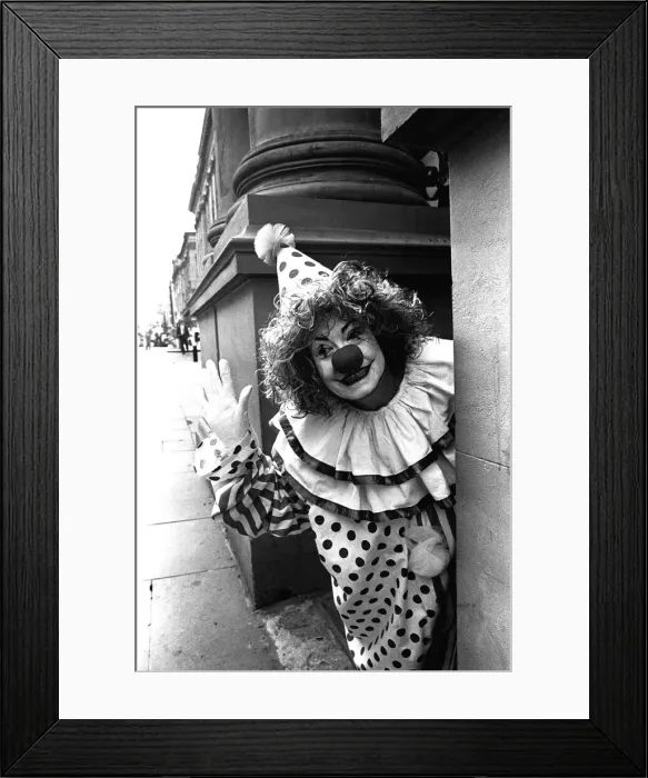 Framed Print : Actress Wendy Richard plays the clown in Newcastle in September, 1989 Framed Print : Actress Wendy Richard plays the clown in Newcastle in September, 1989