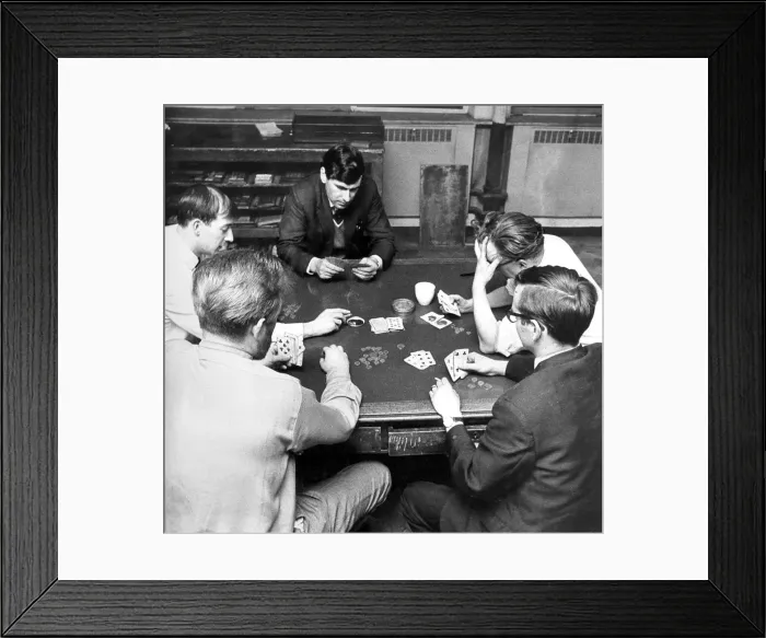Framed Print : Workers gambling in their lunch break by playing cards for money in June 1968