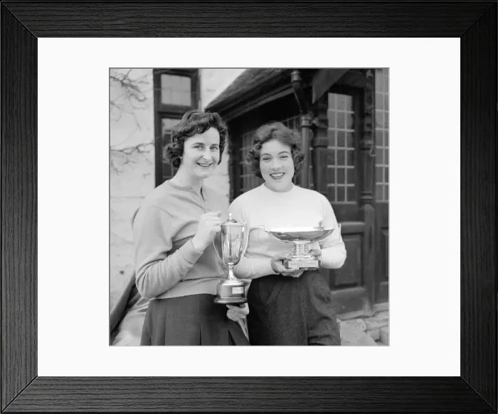 Framed Print : British racing drivers Pat Moss and Ann Wisdom celebrate with the Ladies Cup trophy after Framed Print : British racing drivers Pat Moss and Ann Wisdom celebrate with the Ladies Cup trophy after
