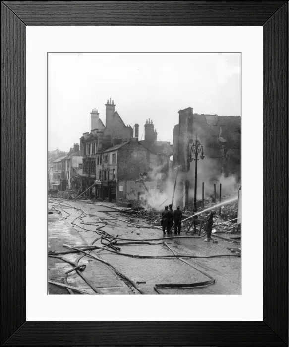 Framed Print : Firemen attend to houses still ablaze on Hertford Street Framed Print : Firemen attend to houses still ablaze on Hertford Street