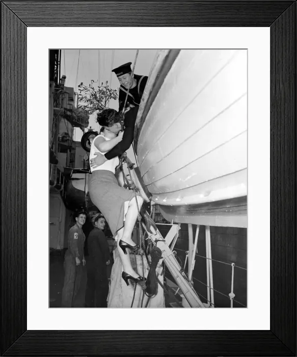 Framed Print : Shirley Cross aged 20 of Plymouth climbs a rope ladder to kiss sailor ME Dick Kemish Framed Print : Shirley Cross aged 20 of Plymouth climbs a rope ladder to kiss sailor ME Dick Kemish