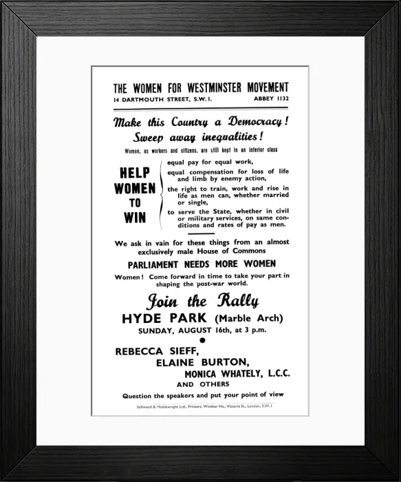 Framed Print : A hand bill from The Women for Westminster Movement advertising a rally at Hyde Park