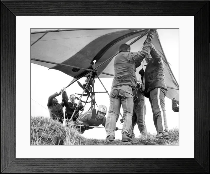 Framed Print : Helping hands get Gordon Smith ready to take to the air in his Hang Glider in April 1978 Framed Print : Helping hands get Gordon Smith ready to take to the air in his Hang Glider in April 1978