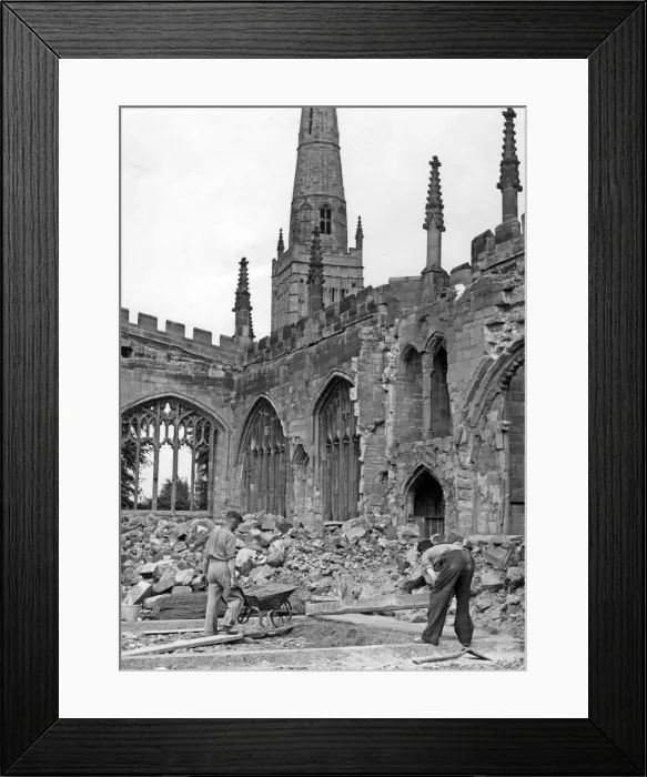 Framed Print : Workmen concreting part of the floor of Coventry Cathedral ruins Framed Print : Workmen concreting part of the floor of Coventry Cathedral ruins