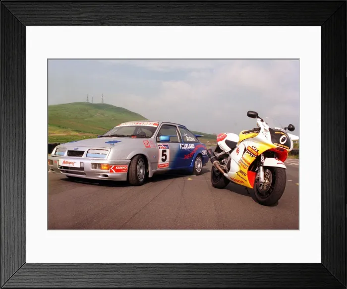 Framed Print : Ford Sierra Cosworth in racing trim with a Honda motorbike. July 1999 Framed Print : Ford Sierra Cosworth in racing trim with a Honda motorbike. July 1999