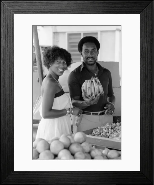 Framed Print : England in West Indies 1981. Roland Butcher out shopping at a fruit & veg stall
