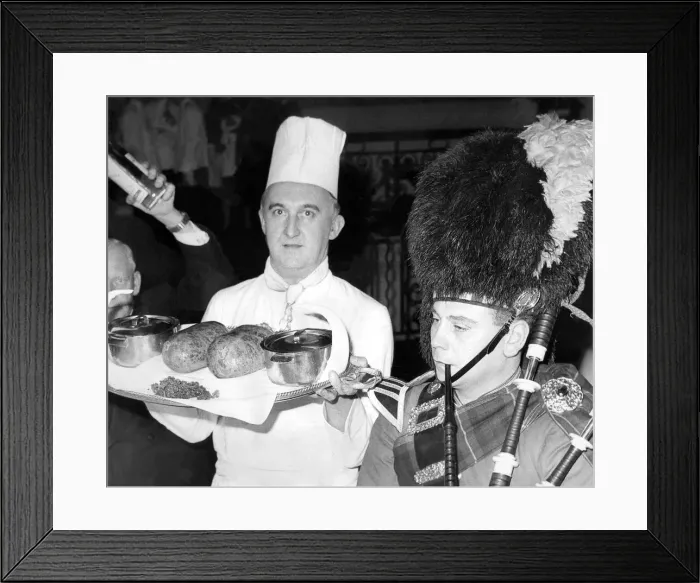 Framed Print : Mike Harper piping in the haggis perepared by the chef, Mr Framed Print : Mike Harper piping in the haggis perepared by the chef, Mr